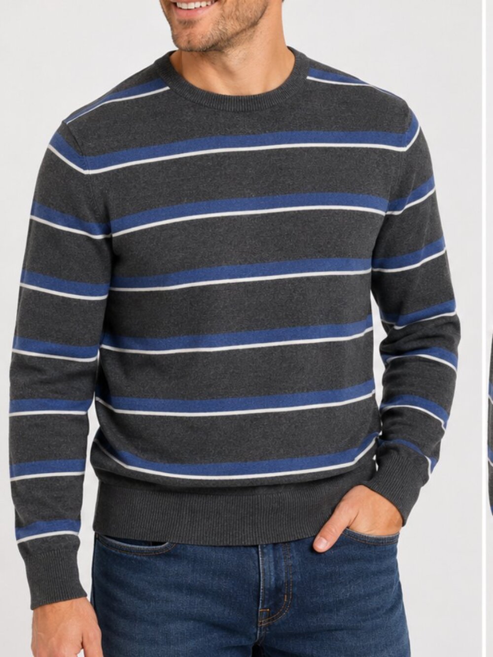 Denver Hayes Men’s XL Gray Blue Striped Crewneck Sweater 100% Cotton